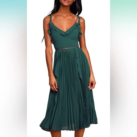 Lulu’s Emerald Green Tie-Strap Pleated Midi Dress Emerald Green XS - Picture 1 of 16